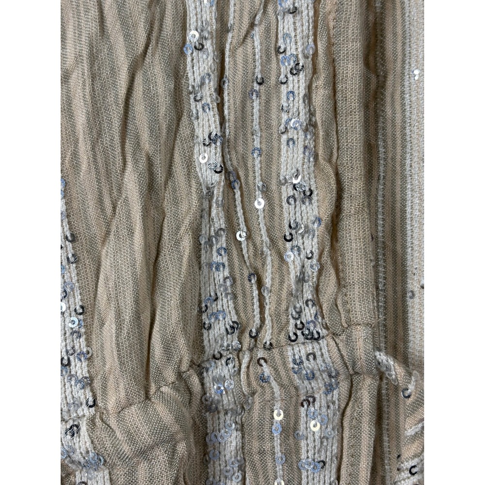 Blue Island Beige Sequin Striped Boho Mini Dress Bell Sleeve Ruffle Hem Medium